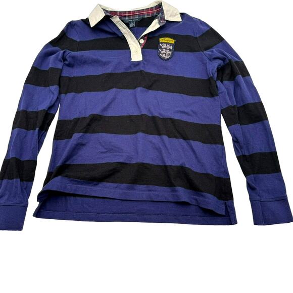 TOMMY HILFIGER Men's Medium Vintage Crest patch Polo Rugby Blue Striped Shirt - Picture 2 of 9